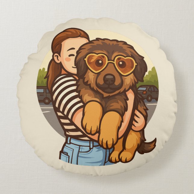 Cute Puppy with Heart Sunglasses  Rundes Kissen (Vorderseite)