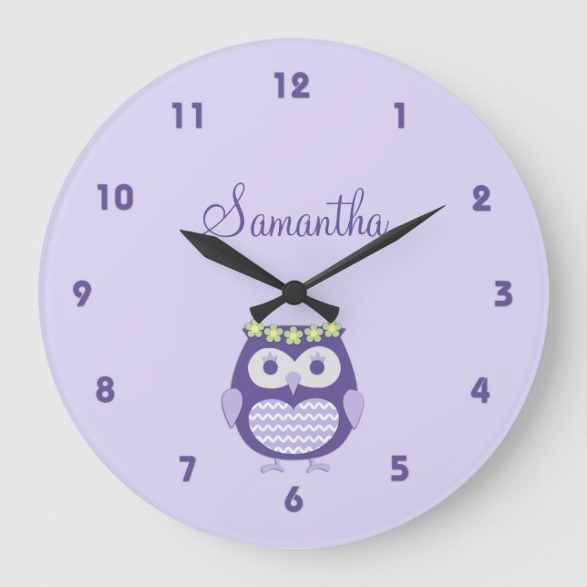 Cute Purple and Lavender Girly Owl Wall Clock Große Wanduhr (Vorderseite)