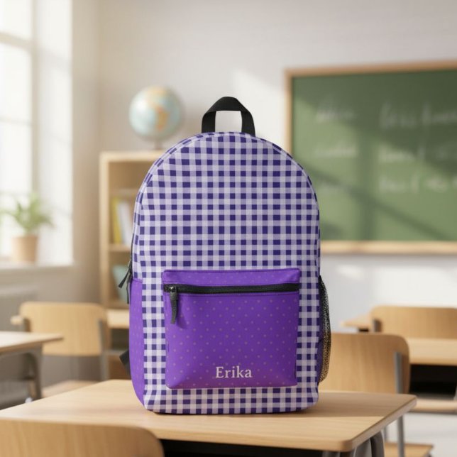 Cute Purple Gingham Personalized Backpack Bedruckter Rucksack (Von Creator hochgeladen)