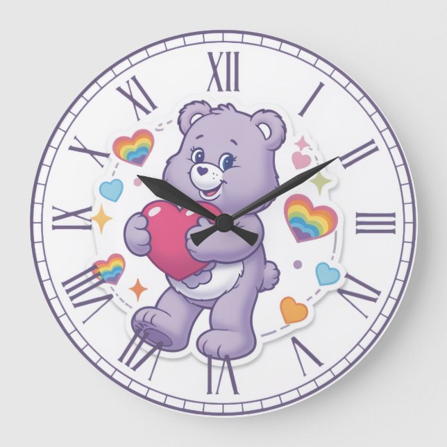 Cute Purple Teddy Bear Hugging Heart Valentine Nur Große Wanduhr (Vorderseite)