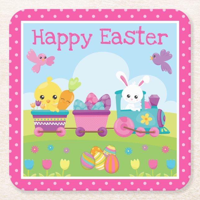 Cute Rabbit, Chick & Chocolate Eggs Train Easter Rechteckiger Pappuntersetzer (Vorderseite)