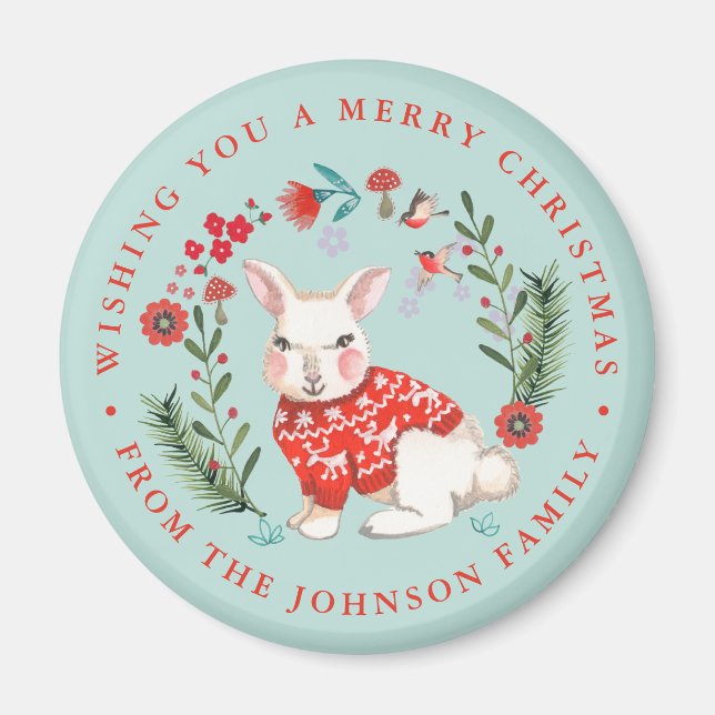 Cute Rabbit Christmas Holiday Name blue Magnet (Vorne)