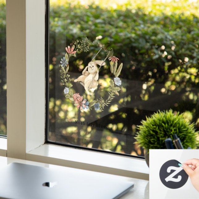 Cute Rabbit On A Swing Floral Wreath Name Sticker (Büro)