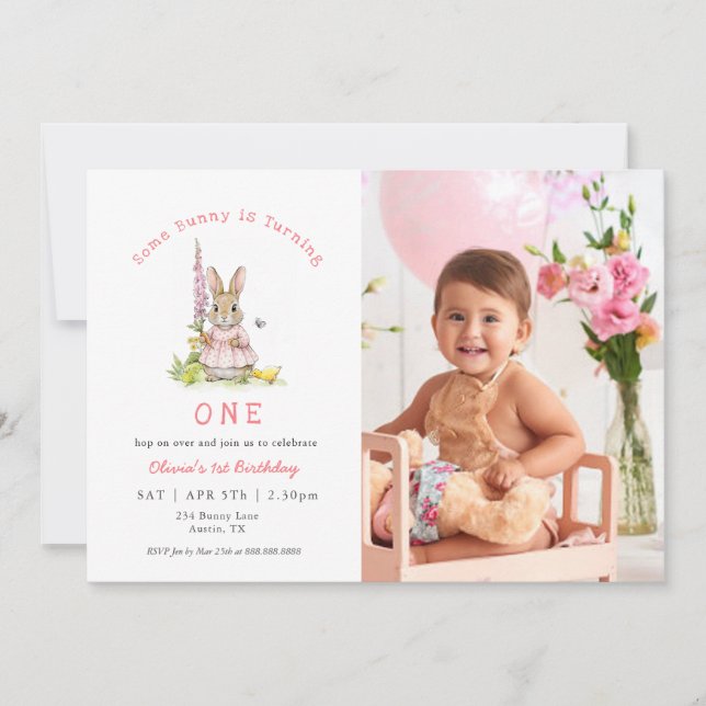 Cute Rabbit Pink Baby Girl 1st birthday Photo Einladung (Vorderseite)