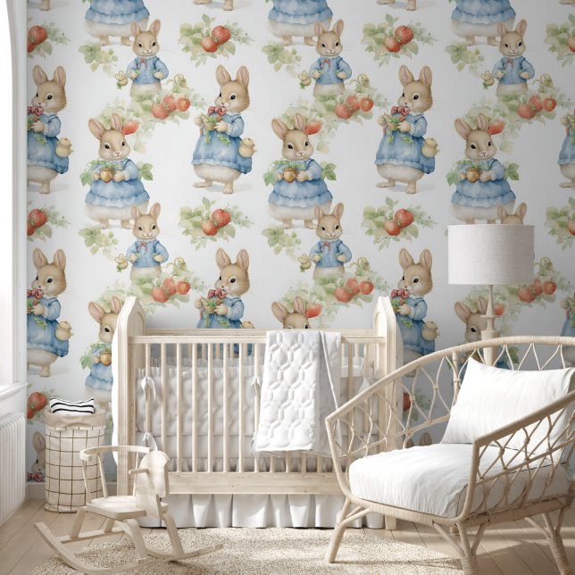 Cute Rabbit Strawberry Plant Nursery Peel & Stick Tapete (Kinder)