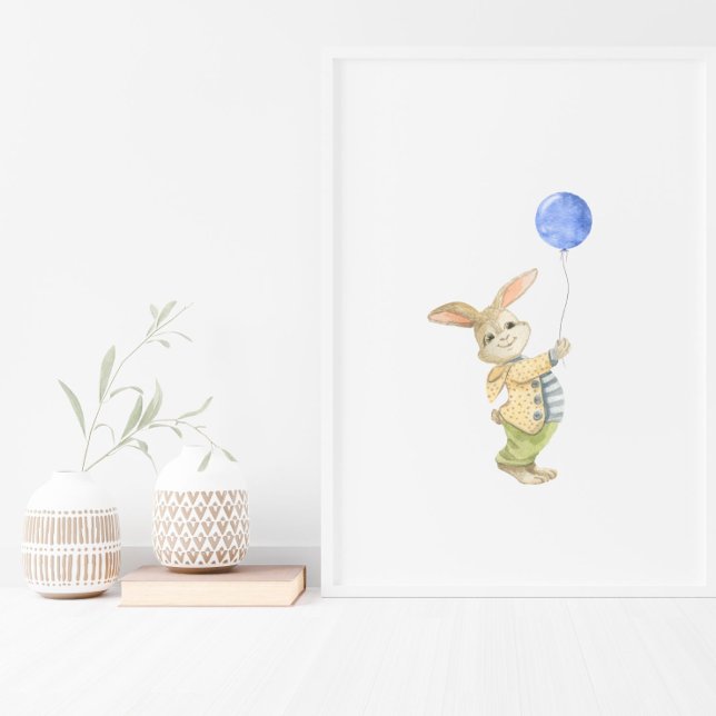 Cute Rabbit With Blue Balloon Nursery Poster (Von Creator hochgeladen)