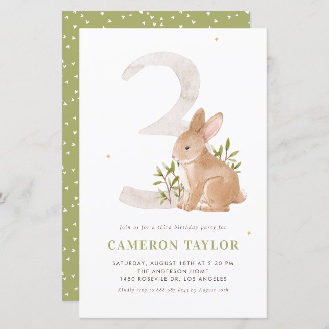 Cute Rabbit Woodland Third Birthday Invitation (Vorne/Hinten)
