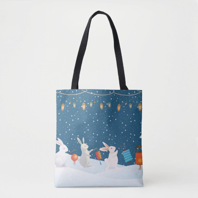 Cute Rabbits Lantern Parade Through Snow Christmas (Vorderseite)