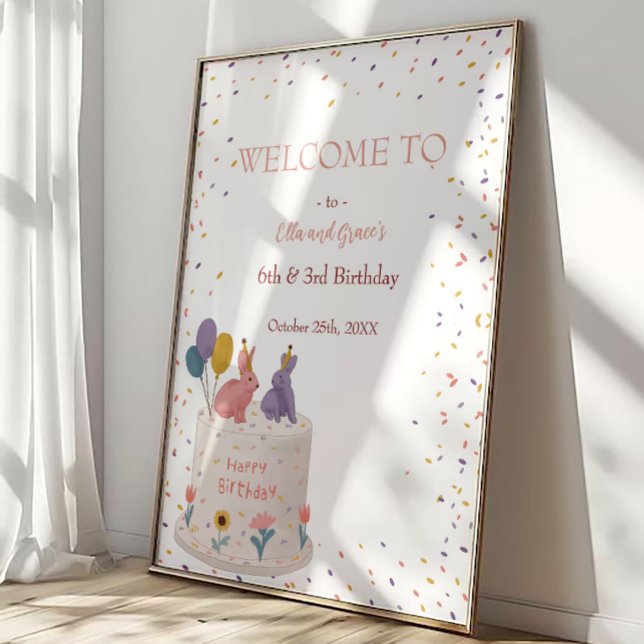 Cute Rabbits on Cake Joint Birthday Sister Welcome Poster (Von Creator hochgeladen)