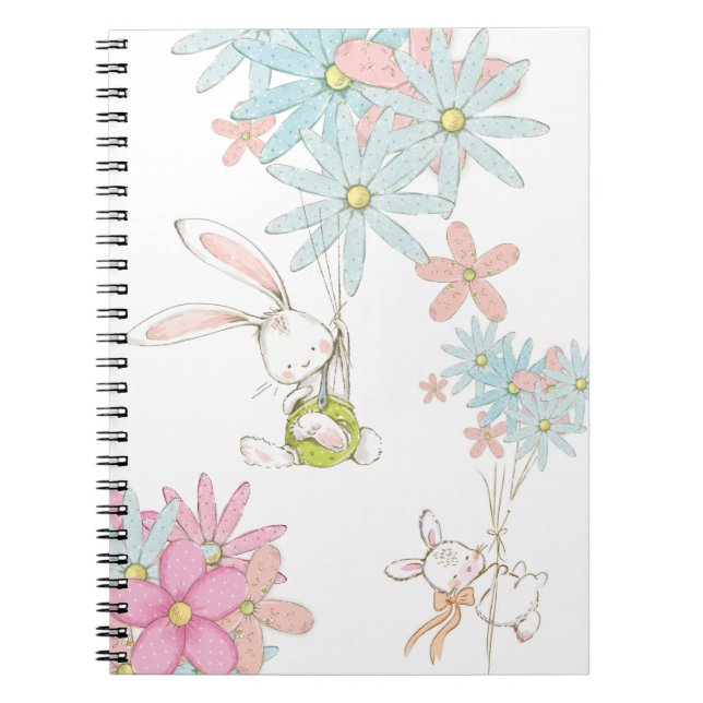 Cute rabbits with flowers notebook notizblock (Vorderseite)