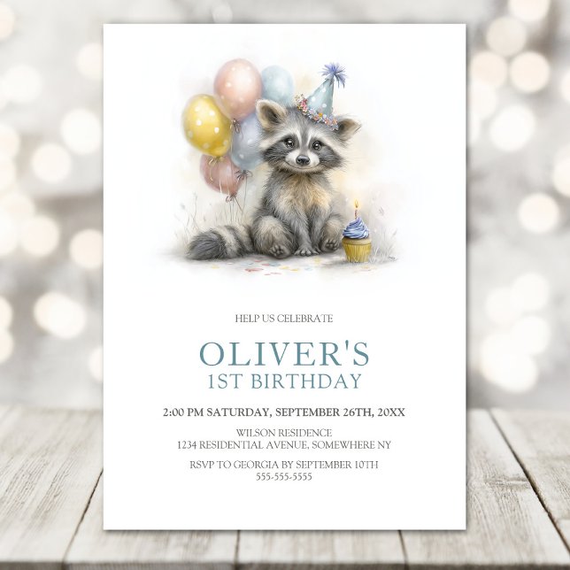 Cute Raccoon 1st Birthday Party Invitation Einladung (Von Creator hochgeladen)