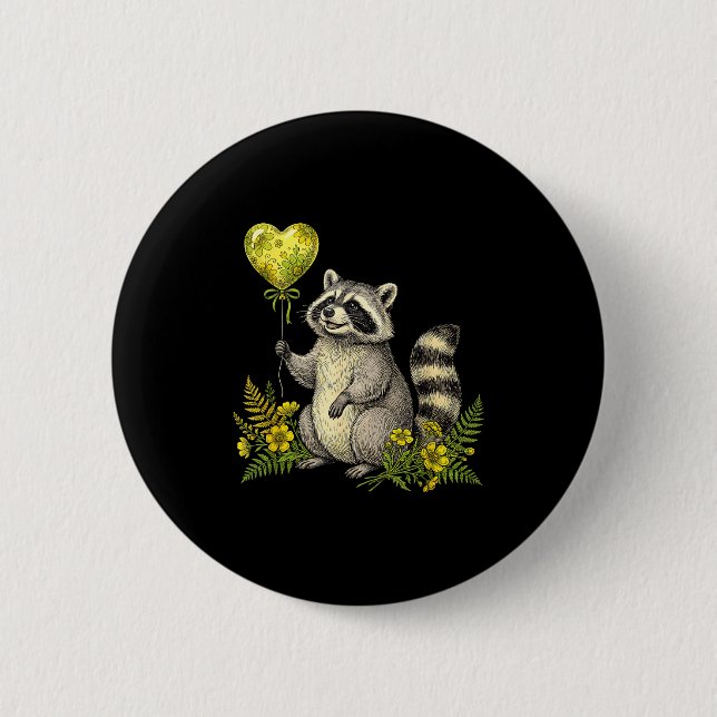 Cute Raccoon Balloon Heart Flowers Sweet Raccoon L Button (Vorderseite)