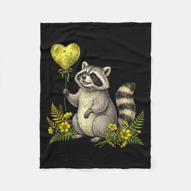 Cute Raccoon Balloon Heart Flowers Sweet Raccoon L Fleecedecke (Vorderseite)
