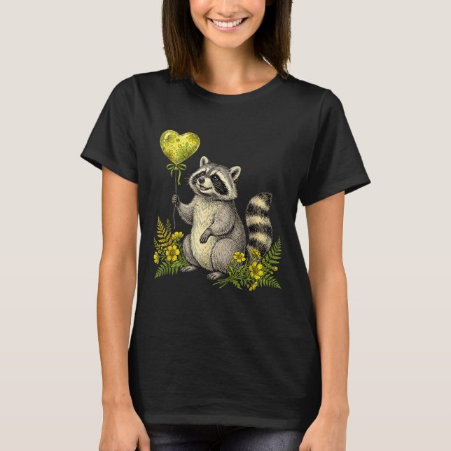 Cute Raccoon Balloon Heart Flowers Sweet Raccoon L T-Shirt (Vorderseite)