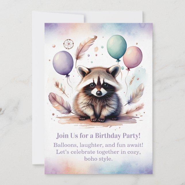 Cute Raccoon Birthday Invitation Woodland Boho  Einladung (Vorderseite)