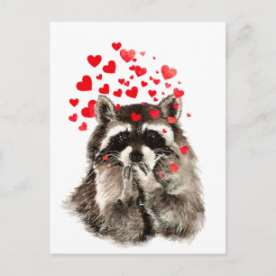 Cute Raccoon Blowing Kisses Love Hearts Postkarte
