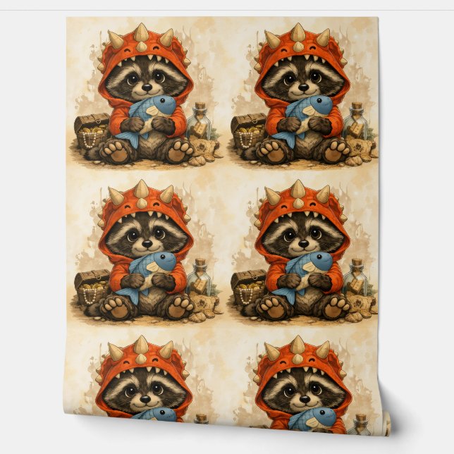 Cute Raccoon Dino Costume Pattern Wallpaper Tapete (Abrollen)