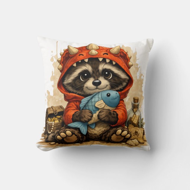 Cute Raccoon Dino Hoodie Pillow Kawaii Kids Decor Kissen (Vorderseite)