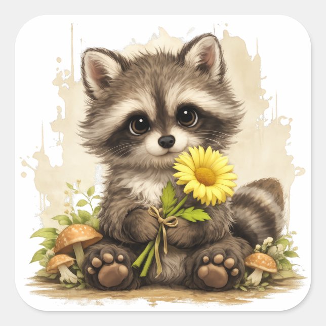 Cute Raccoon Flower Sticker Kawaii (Vorderseite)