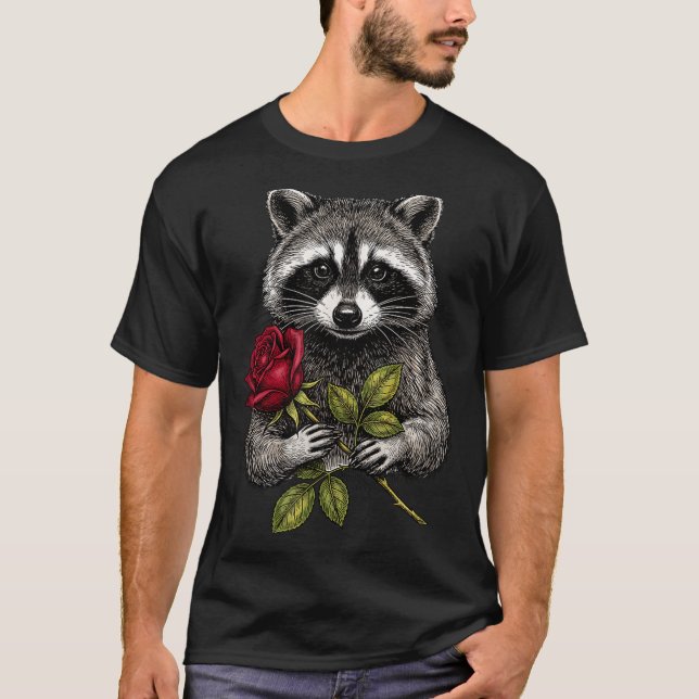 Cute Raccoon Holding A Red Rose Sweet Raccoon Love T-Shirt (Vorderseite)