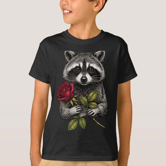 Cute Raccoon Holding A Red Rose Sweet Raccoon Love T-Shirt (Vorderseite)