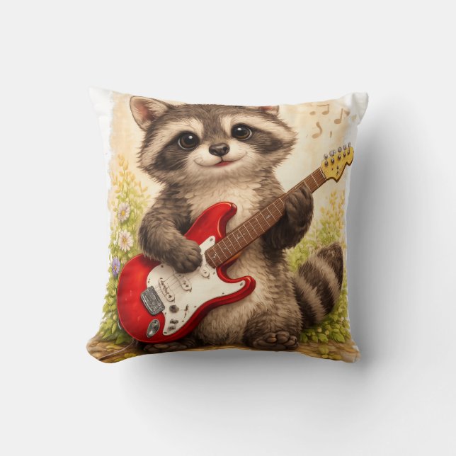 Cute Raccoon Playing Guitar Kawaii Animal Music Lo Kissen (Vorderseite)