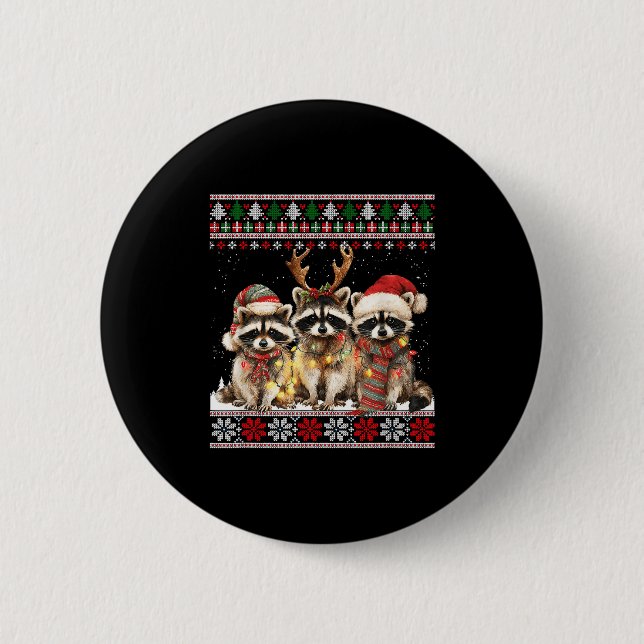 Cute Raccoon Santa Christmas Lights Ugly Xmas Swea Button (Vorderseite)