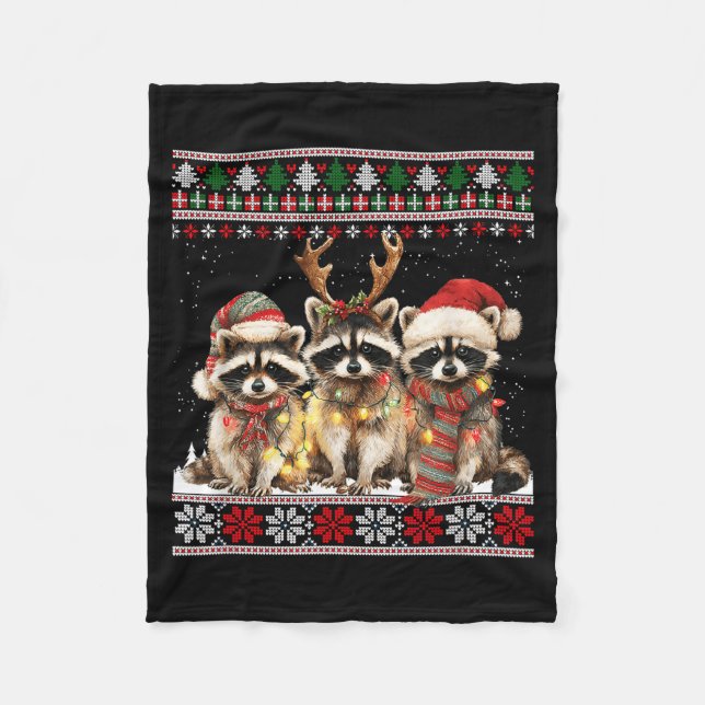 Cute Raccoon Santa Christmas Lights Ugly Xmas Swea Fleecedecke (Vorderseite)