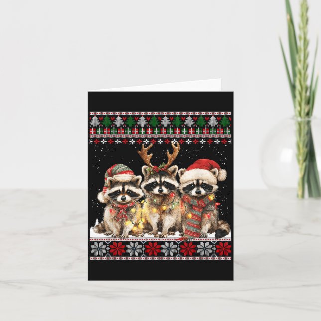 Cute Raccoon Santa Christmas Lights Ugly Xmas Swea Karte (Vorderseite)