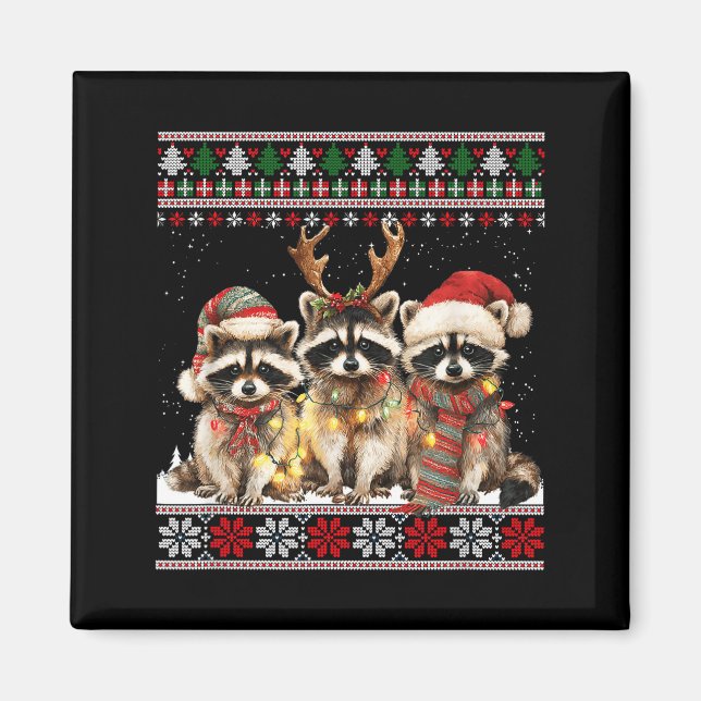 Cute Raccoon Santa Christmas Lights Ugly Xmas Swea Magnet (Vorne)