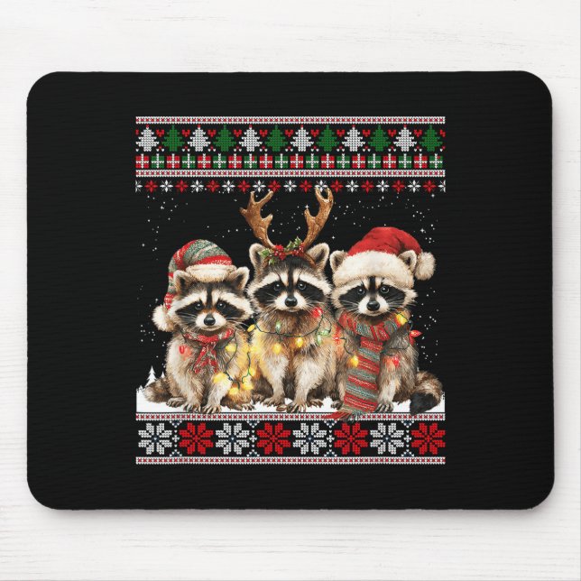 Cute Raccoon Santa Christmas Lights Ugly Xmas Swea Mousepad (Vorne)