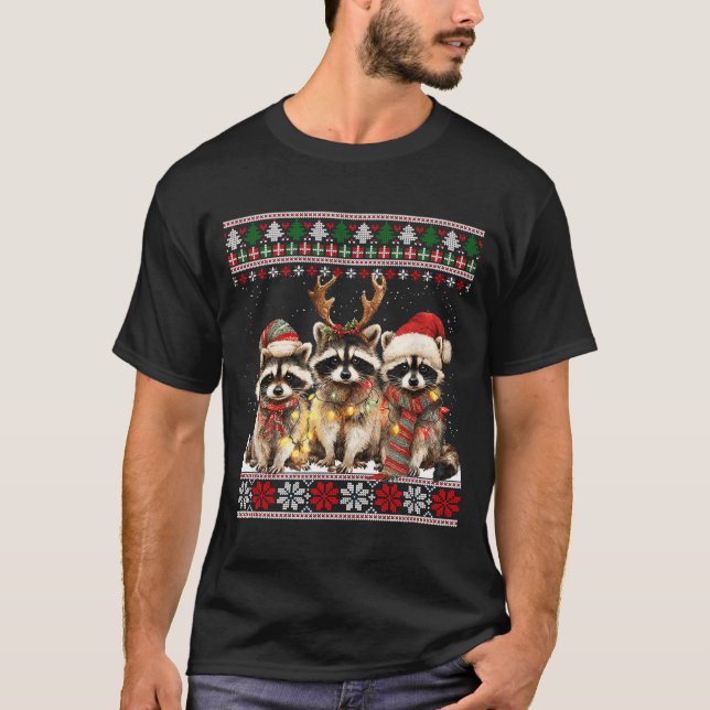 Cute Raccoon Santa Christmas Lights Ugly Xmas Swea T-Shirt (Vorderseite)