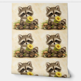 Cute Raccoon Sunflower Pattern Wallpaper Tapete
