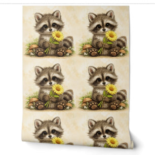 Cute Raccoon Sunflower Pattern Wallpaper Tapete