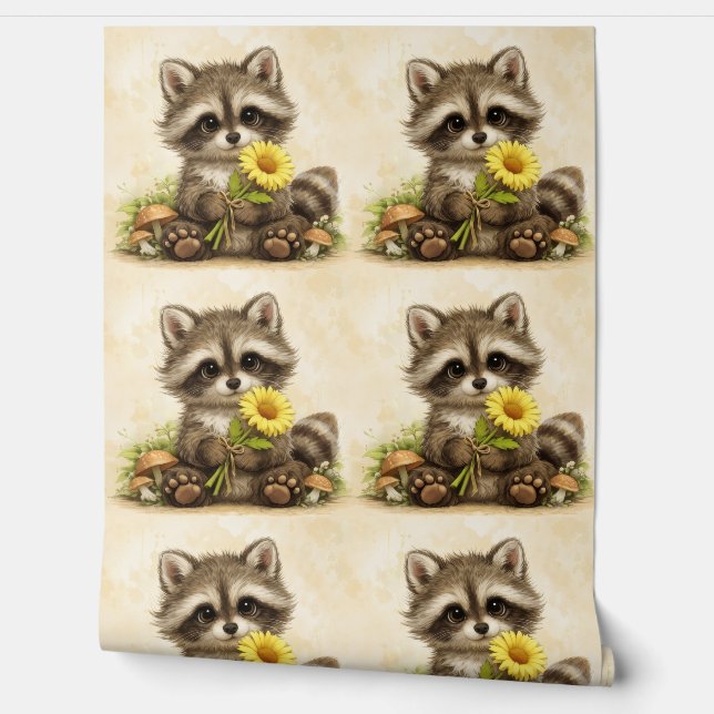 Cute Raccoon Sunflower Pattern Wallpaper Tapete (Abrollen)