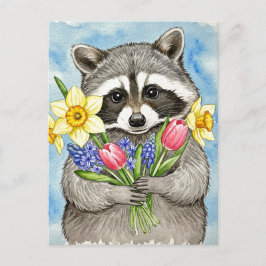 Cute Raccoon with Spring Flowers Postcard Feiertagspostkarte