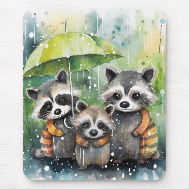Cute Raccoons in the Rain Mousepad (Vorne)
