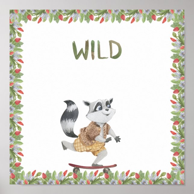 Cute Racoon On A Skateboard Wild Text Poster (Vorne)