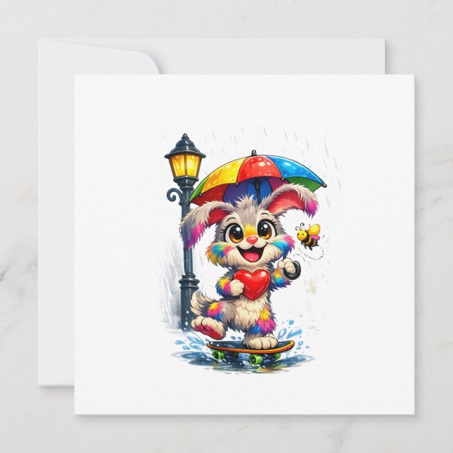 Cute Rainbow Bunny with Umbrella Design Einladung (Vorderseite)