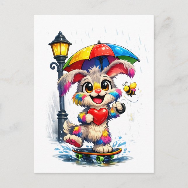 Cute Rainbow Bunny with Umbrella Design Postkarte (Vorderseite)