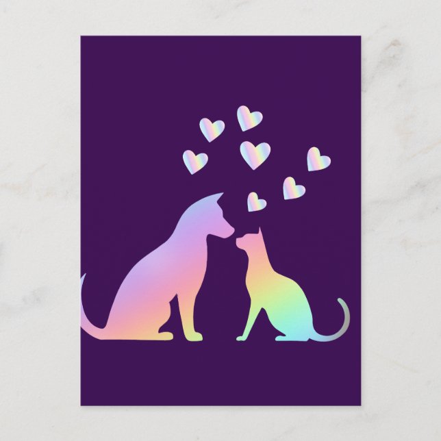 Cute Rainbow Cat and Dog Silhouette Love Purple To Postkarte (Vorderseite)