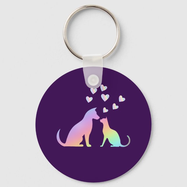 Cute Rainbow Cat and Dog Silhouette Love Purple To Schlüsselanhänger (Vorderseite)