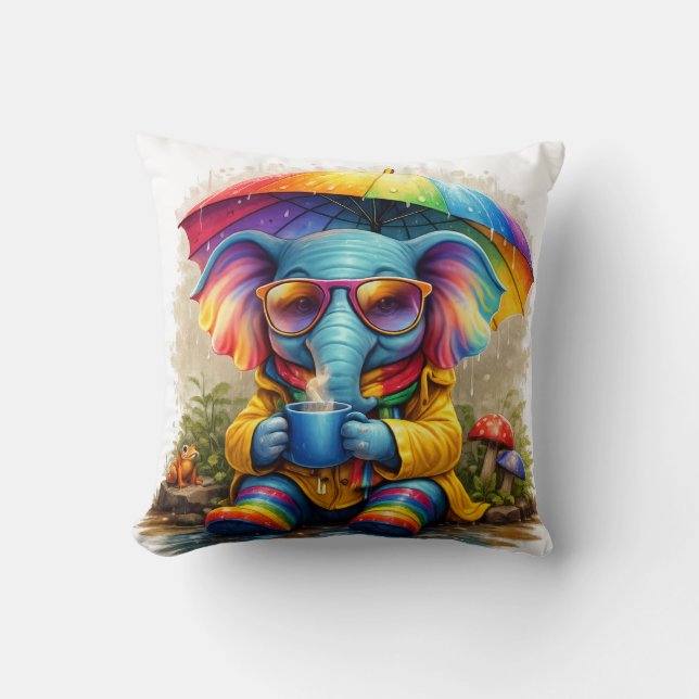 Cute Rainbow Elephant Under Umbrella Cozy Rain Aes Kissen (Vorderseite)