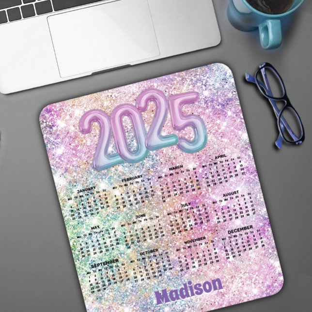 Cute rainbow faux glitter Monogram 2025 calendar Mousepad (Von Creator hochgeladen)