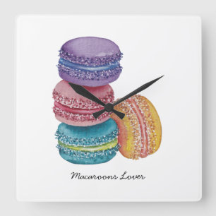 Cute Rainbow Macaroons In Watercolor Quadratische Wanduhr