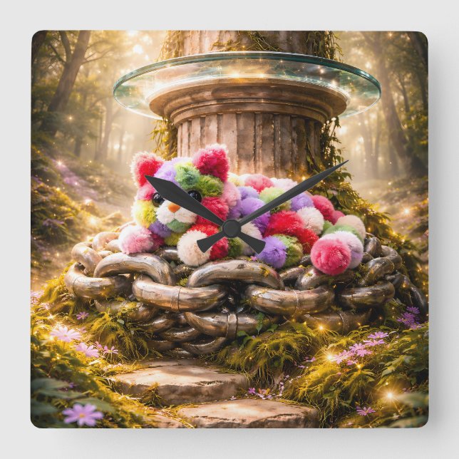 Cute Rainbow Plush Cat Wall Clock Kids Decor Quadratische Wanduhr (Vorderseite)