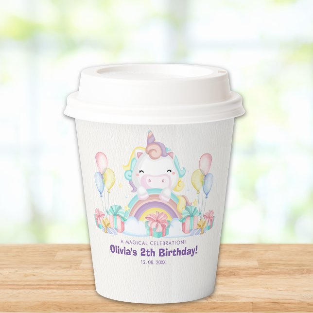 Cute Rainbow Unicorn Girl’s Birthday Design Pappbecher (Von Creator hochgeladen)