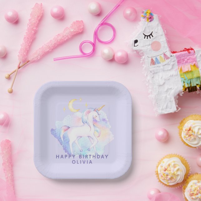 Cute Rainbow Unicorn Girl's Birthday Party Pappteller (Party)