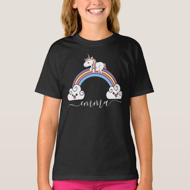 Cute Rainbow Unicorn Personalized Name T-Shirt (Vorderseite)