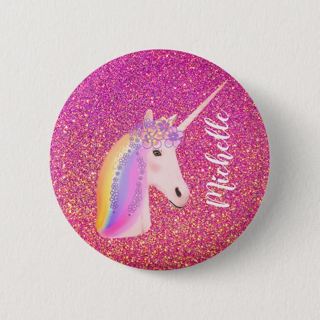 Cute Rainbow Unicorn Pink Glitter Button (Vorderseite)